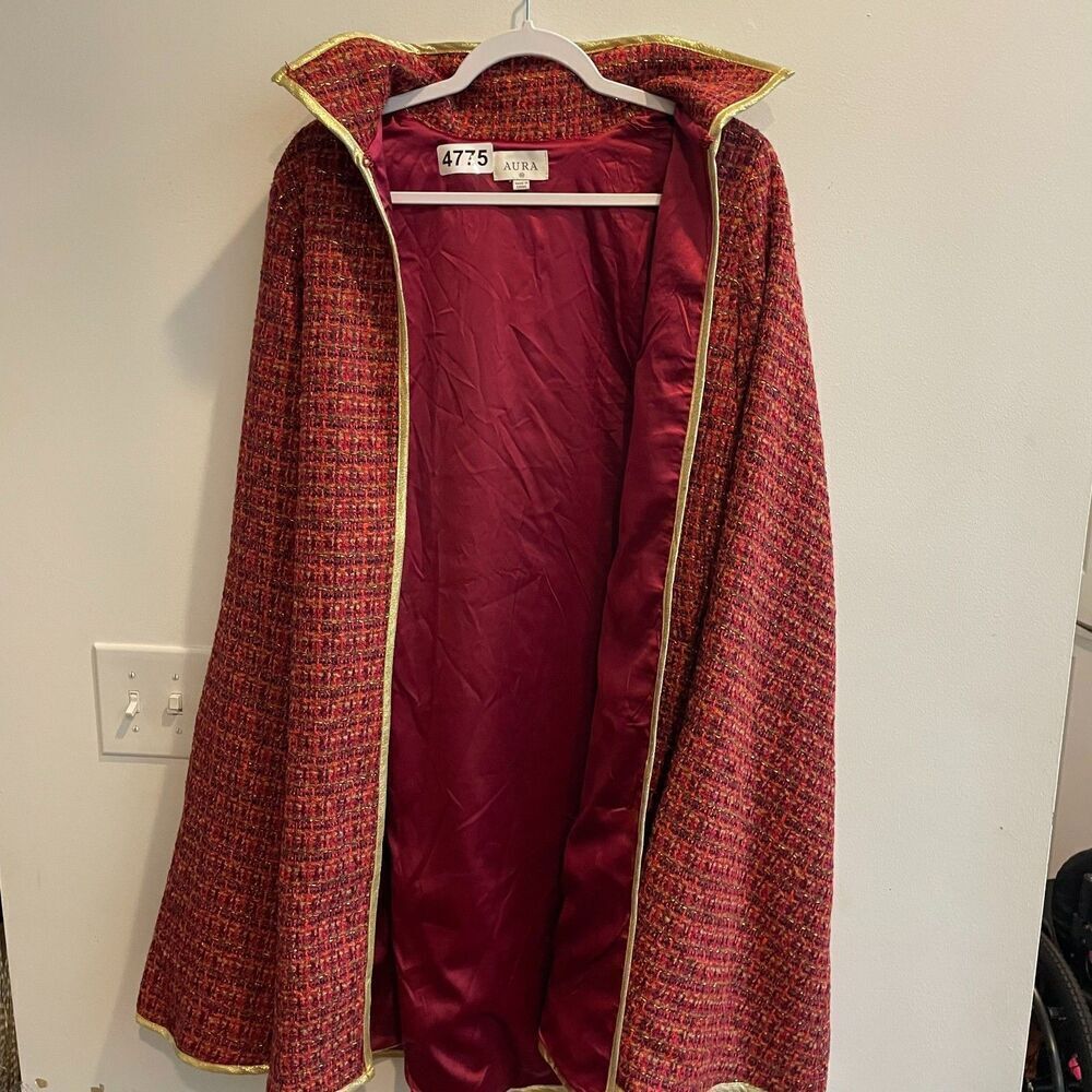 Aura Womens Red Cape Blazer Jacket Size XS Tweed Open Front Lined Gold Trim Tie - Picture 3 of 7